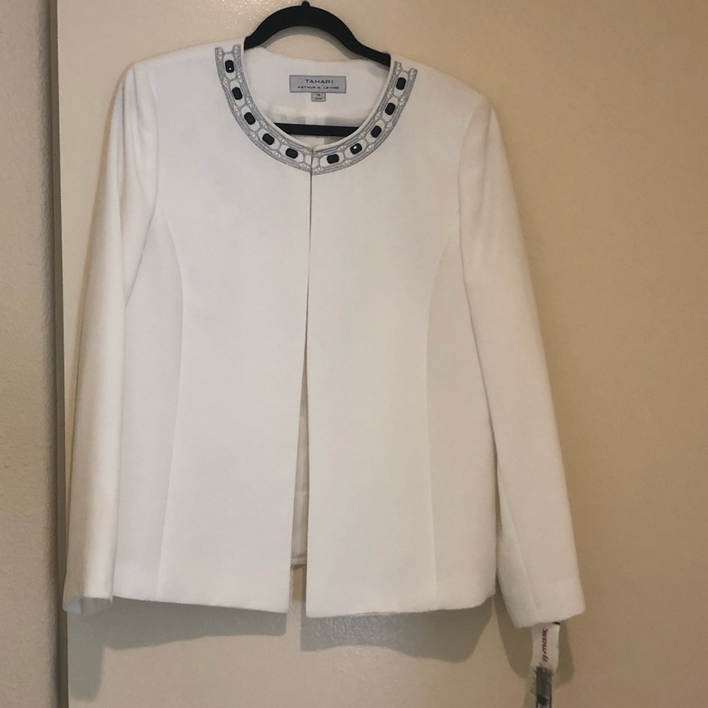 Tahari White Jacket with Pearls and Black Jewels